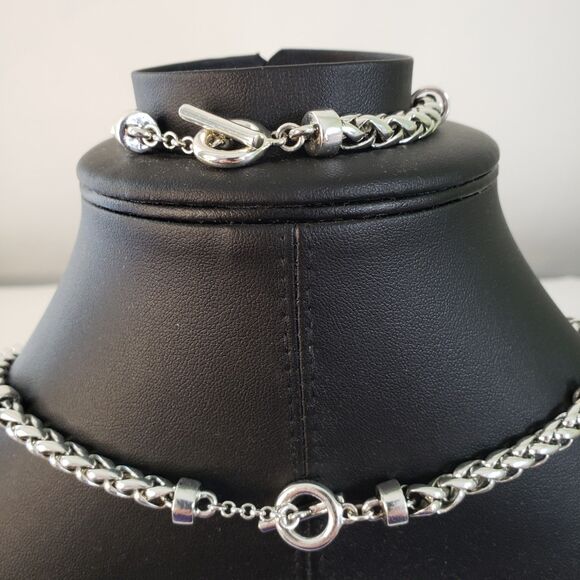 Vtg Ralph Lauren Silver Tone Wheat Chain Necklace & Bracelet  Signed 18" Chunky - Picture 4 of 7